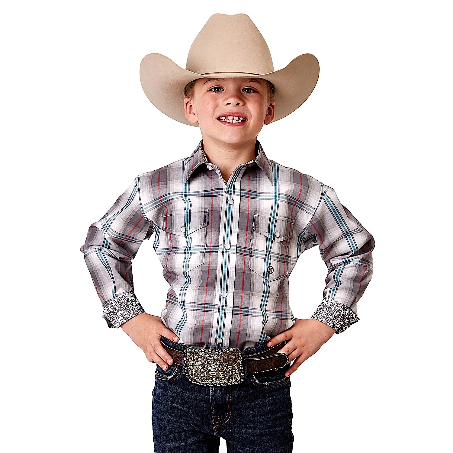Roper Boy's Amarillo Collection Red River Western Shirt - Gray Cloud Plaid