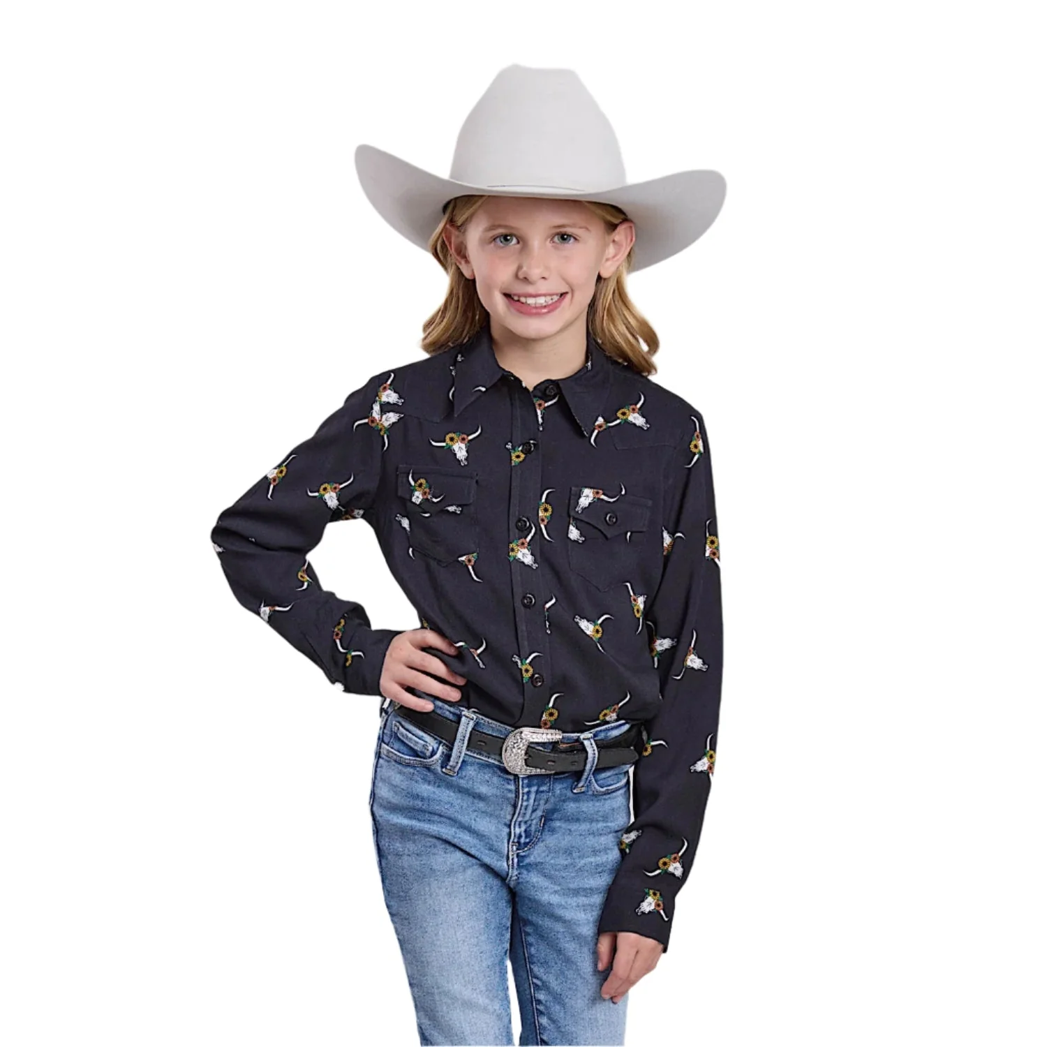 Roper Girl's Five Star Collection Long Sleeve Shirt - Black Print