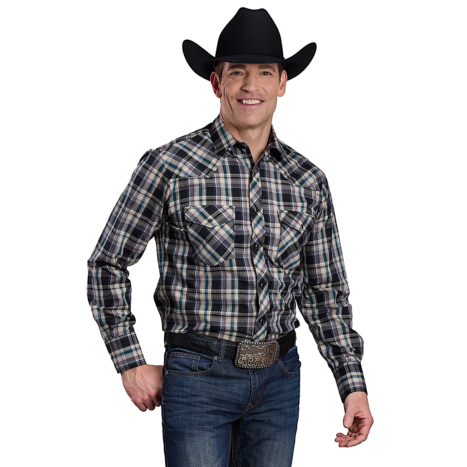 Roper Men's Karman Classic 55/45 Collection Shirt - Plaid Black / Tan / Green