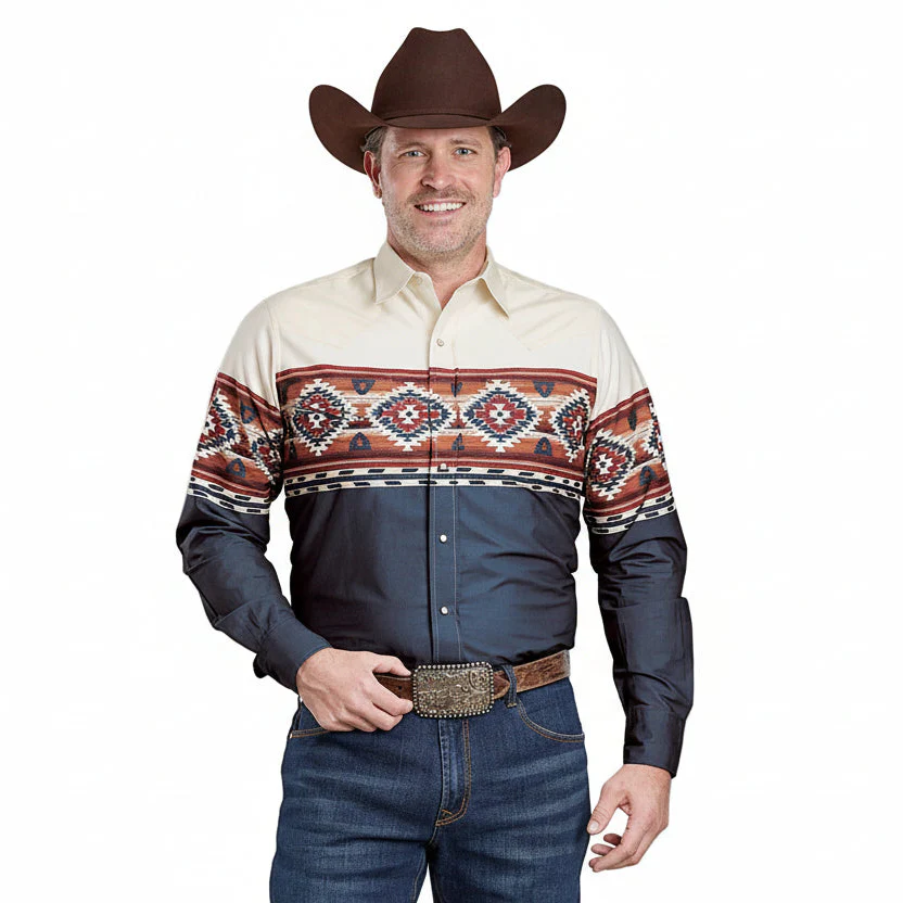 Roper Men's Vintage Collection Shirt - Aztec Print Blue / White / Orange