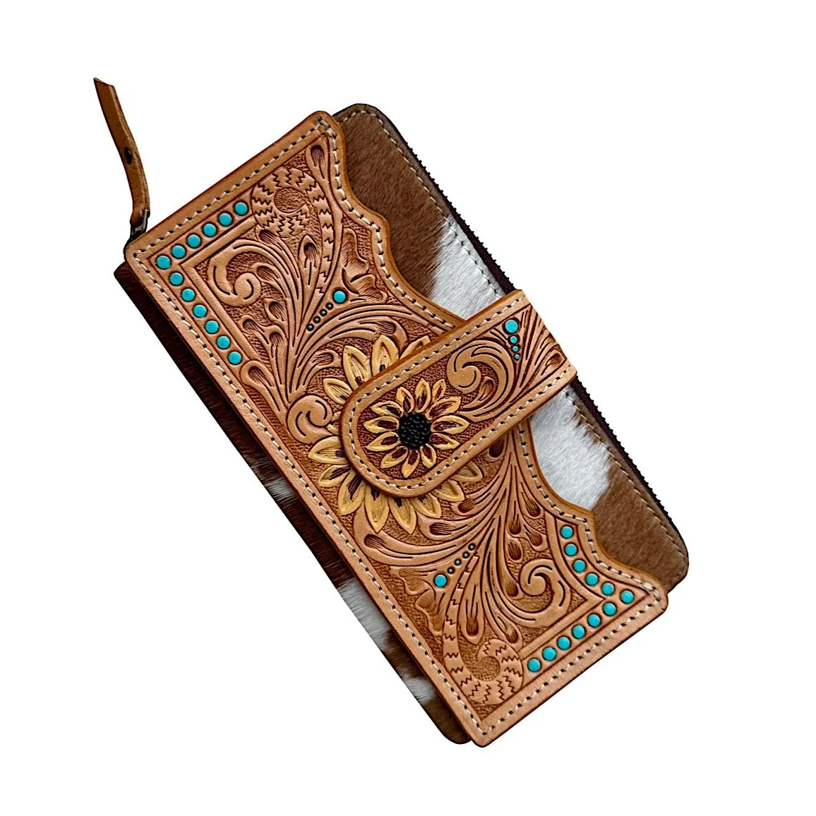 The Design Edge Women's Cowhide Sunflower Tooling Leather Zippered Wallet – Tan