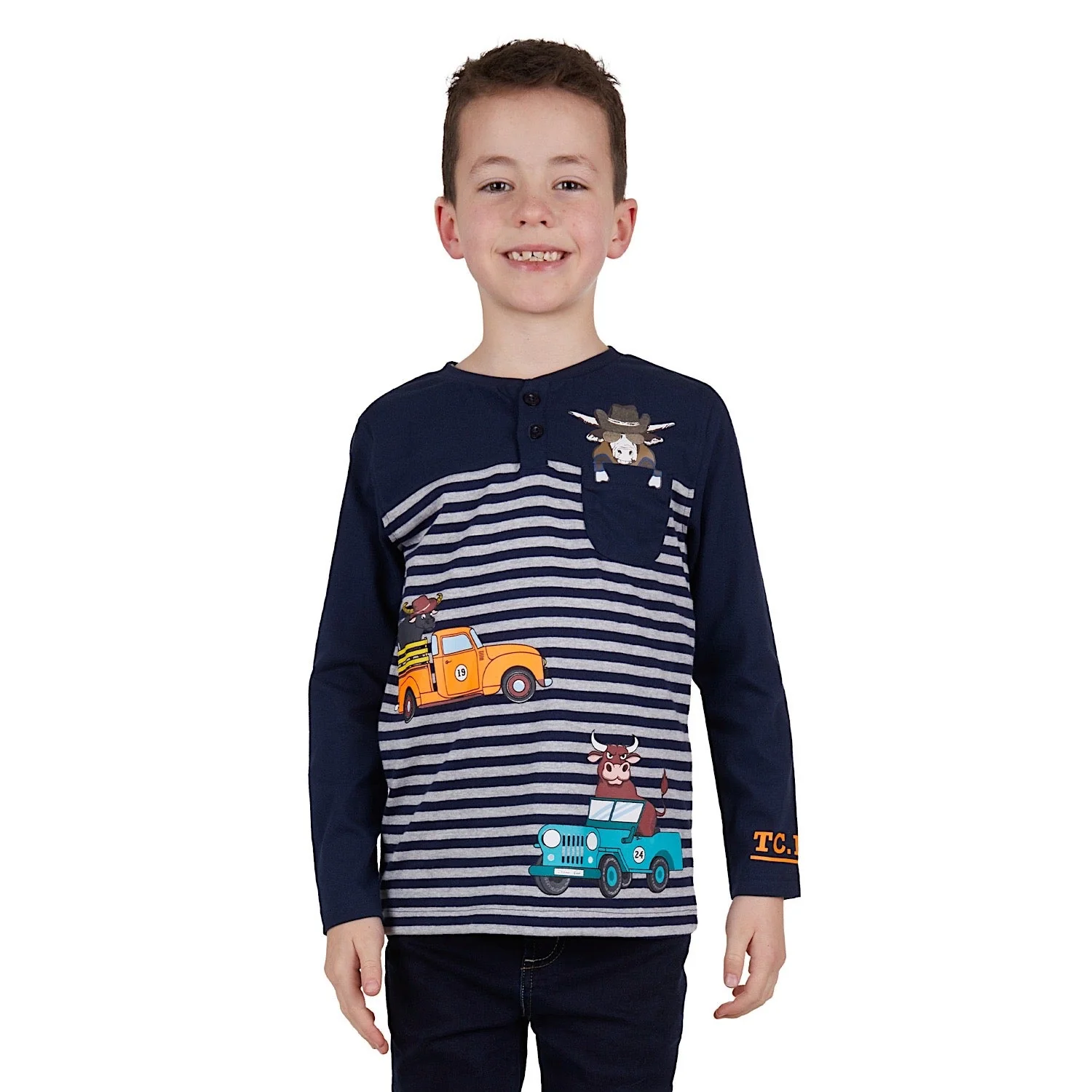 Thomas Cook Boy's Ride Henley Long Sleeve Tee - Navy/Grey Marle