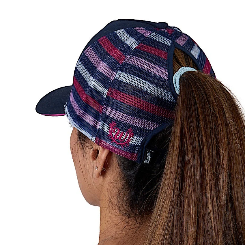 Wrangler Eliza High Profile Ponytail Trucker Cap - Navy/Pink - Image 3
