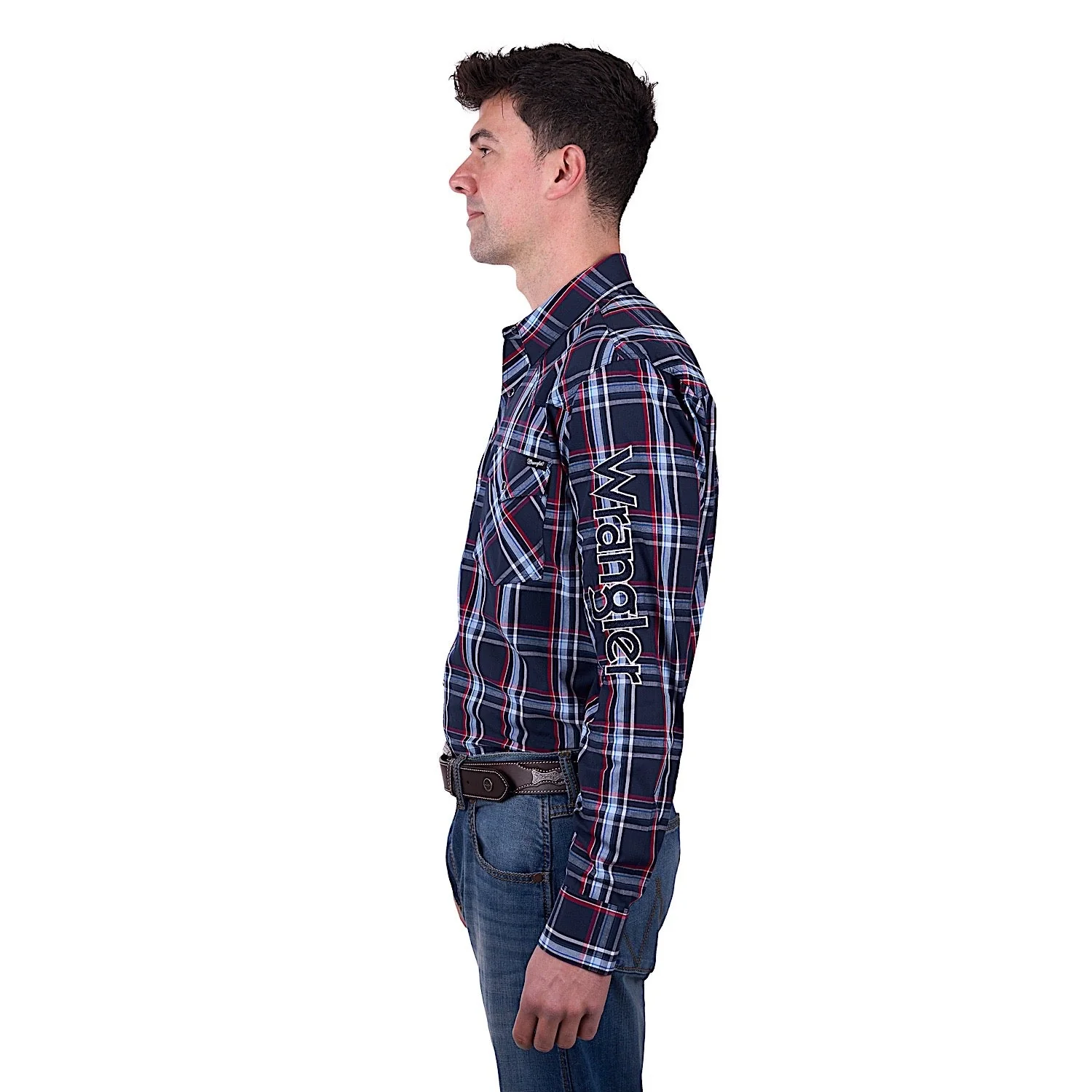 Wrangler Men's Hugo Check Logo Western Long Sleeve Shirt - Navy/Red - Image 3