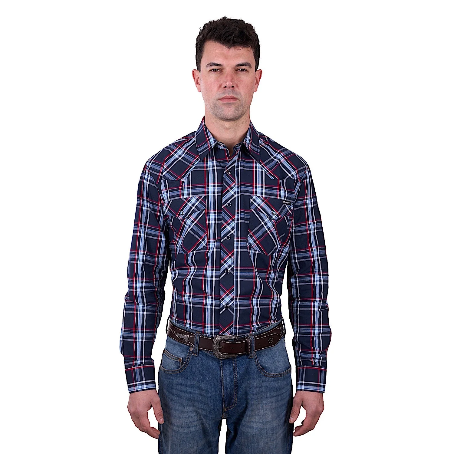 Wrangler Men's Hugo Check Western Long Sleeve Shirt - Navy/Red