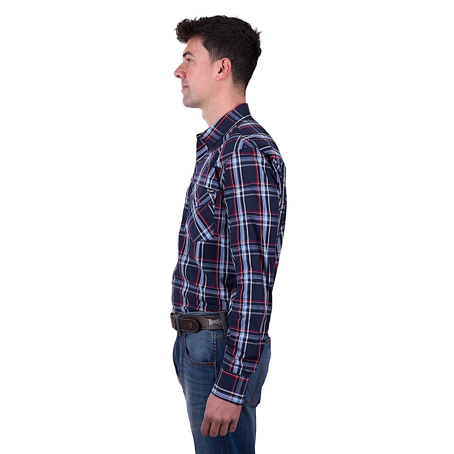 Wrangler Men's Hugo Check Western Long Sleeve Shirt - Navy/Red - Image 3