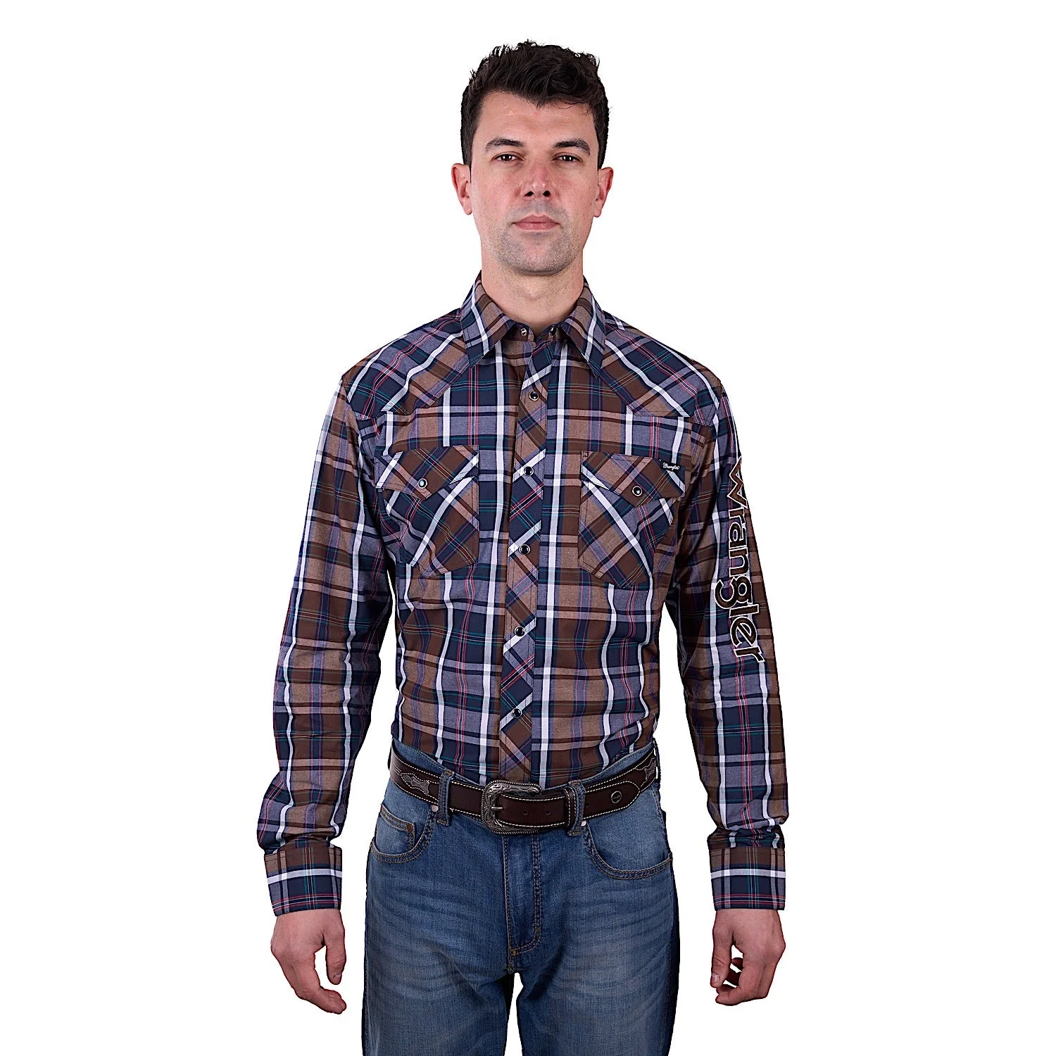 Wrangler Men's Milo Check Logo Western Long Sleeve Shirt - Tan/Navy