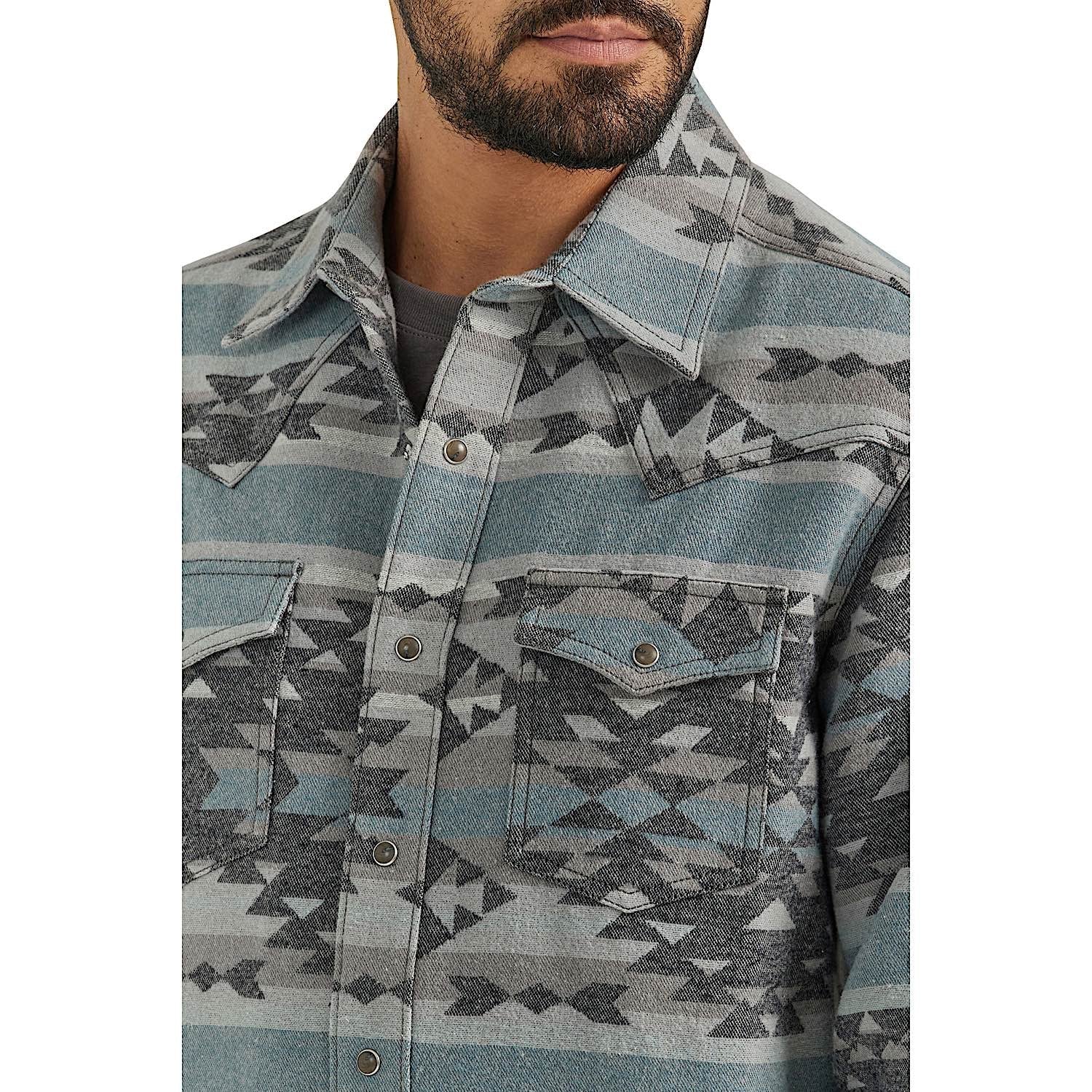 Wrangler Mens Retro Premium Jacquard Snap Shirt Jacket - Blue Steel - Image 3