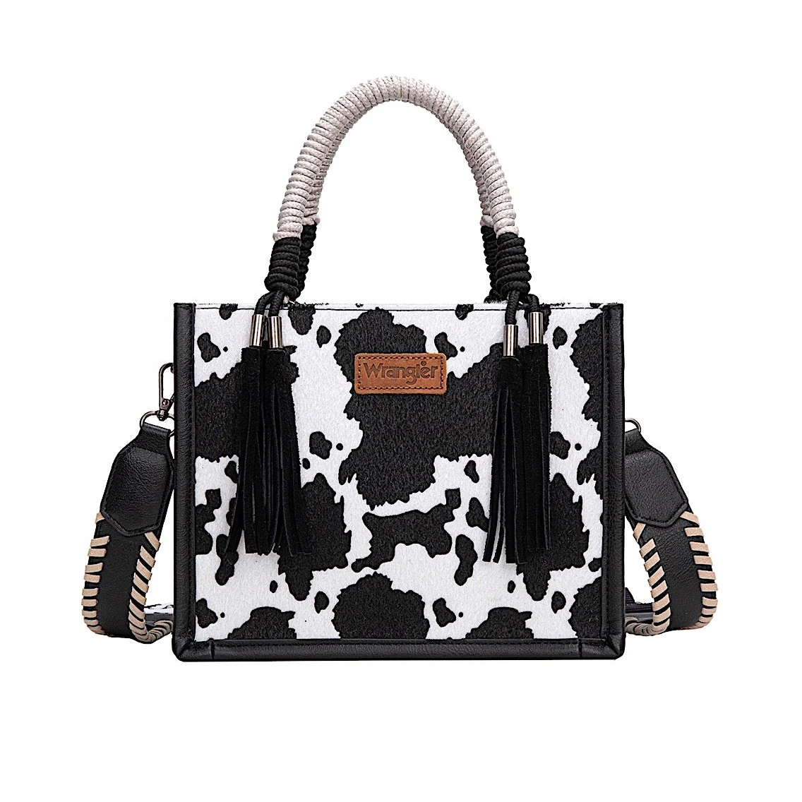Wrangler Women's Cow Print Tassel Crossbody Bag - Black