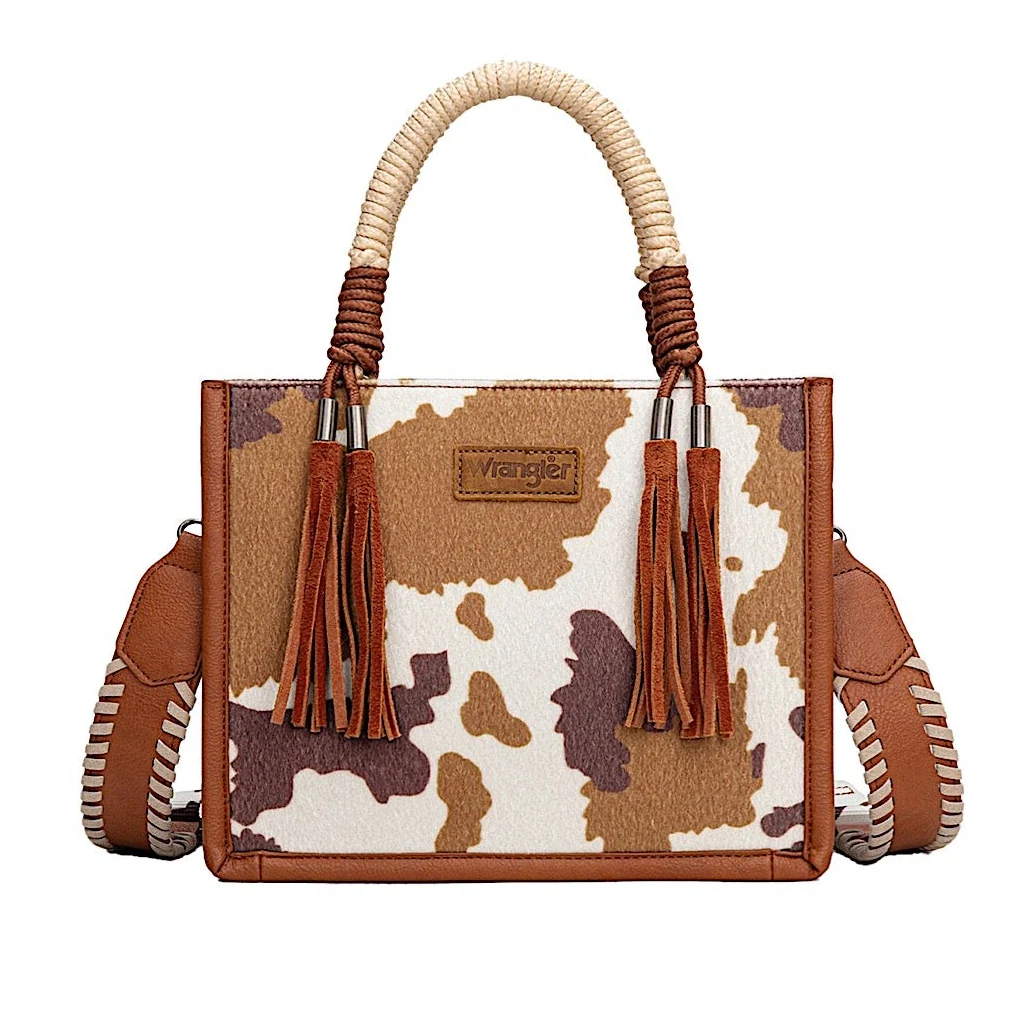 Wrangler Women's Cow Print Tassel Crossbody Bag - Tan