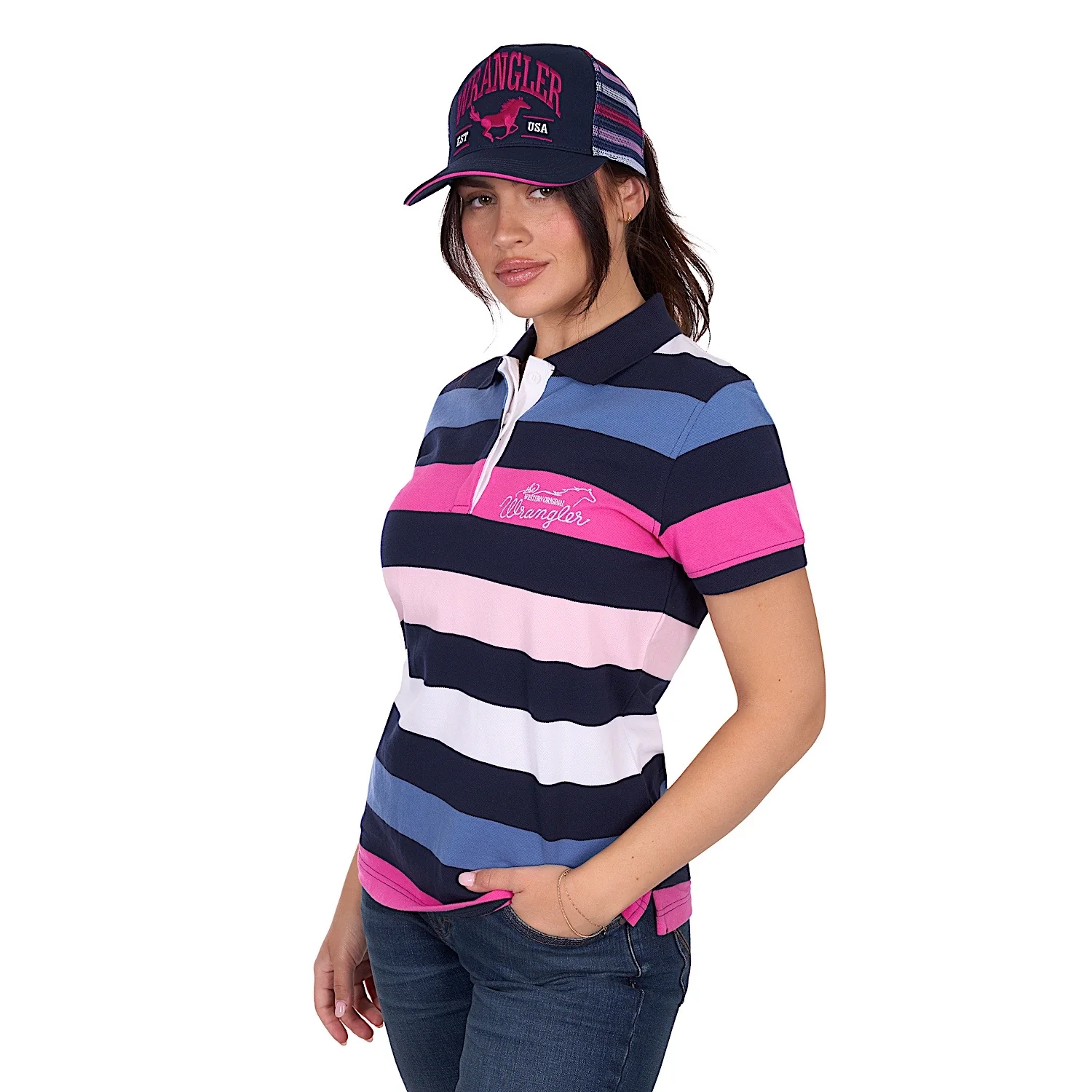 Wrangler Women's Whitney Polo - Navy/Pink - Image 2