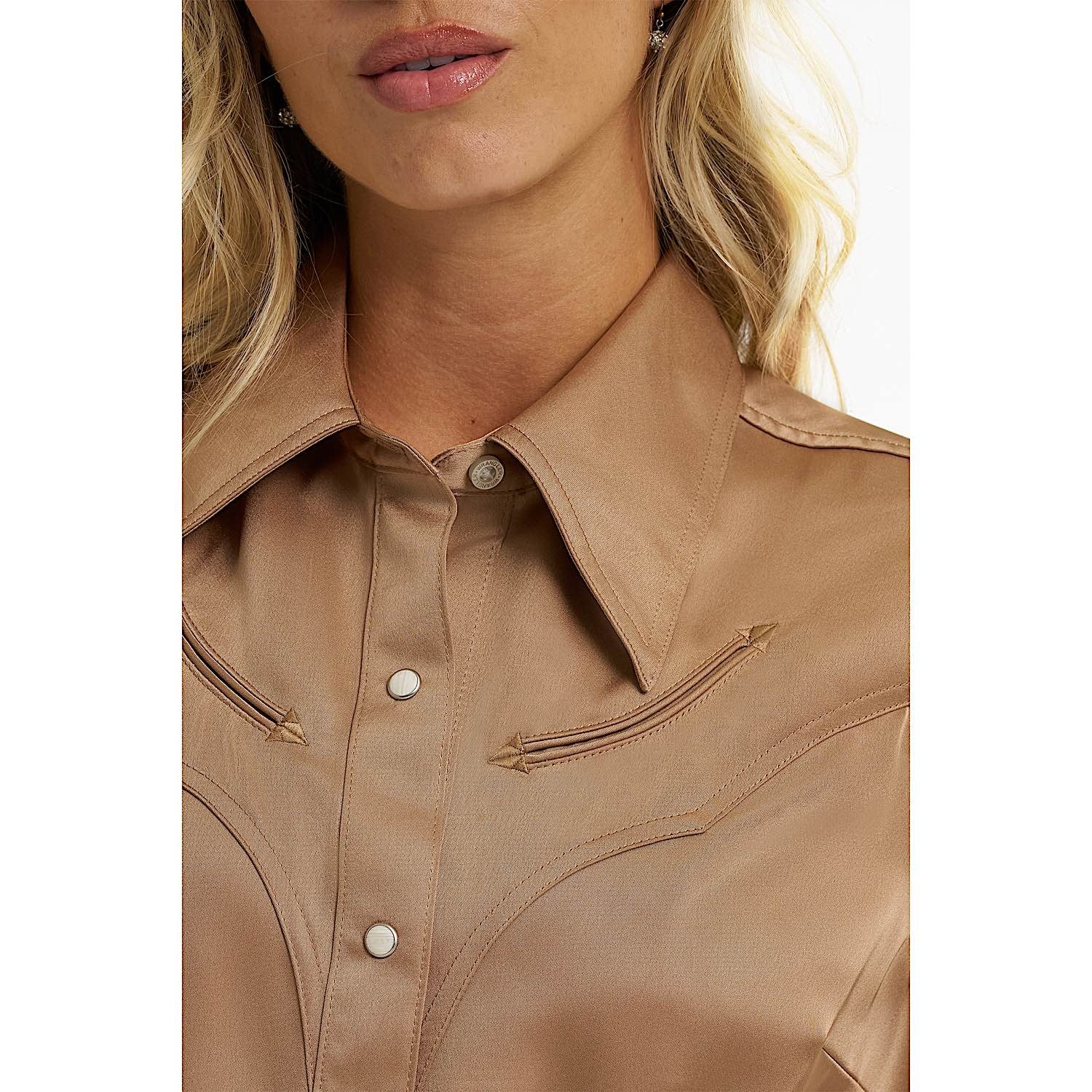 Wrangler X Lainey Wilson Womens Glam Satin Western Snap Shirt - Gold - Image 3