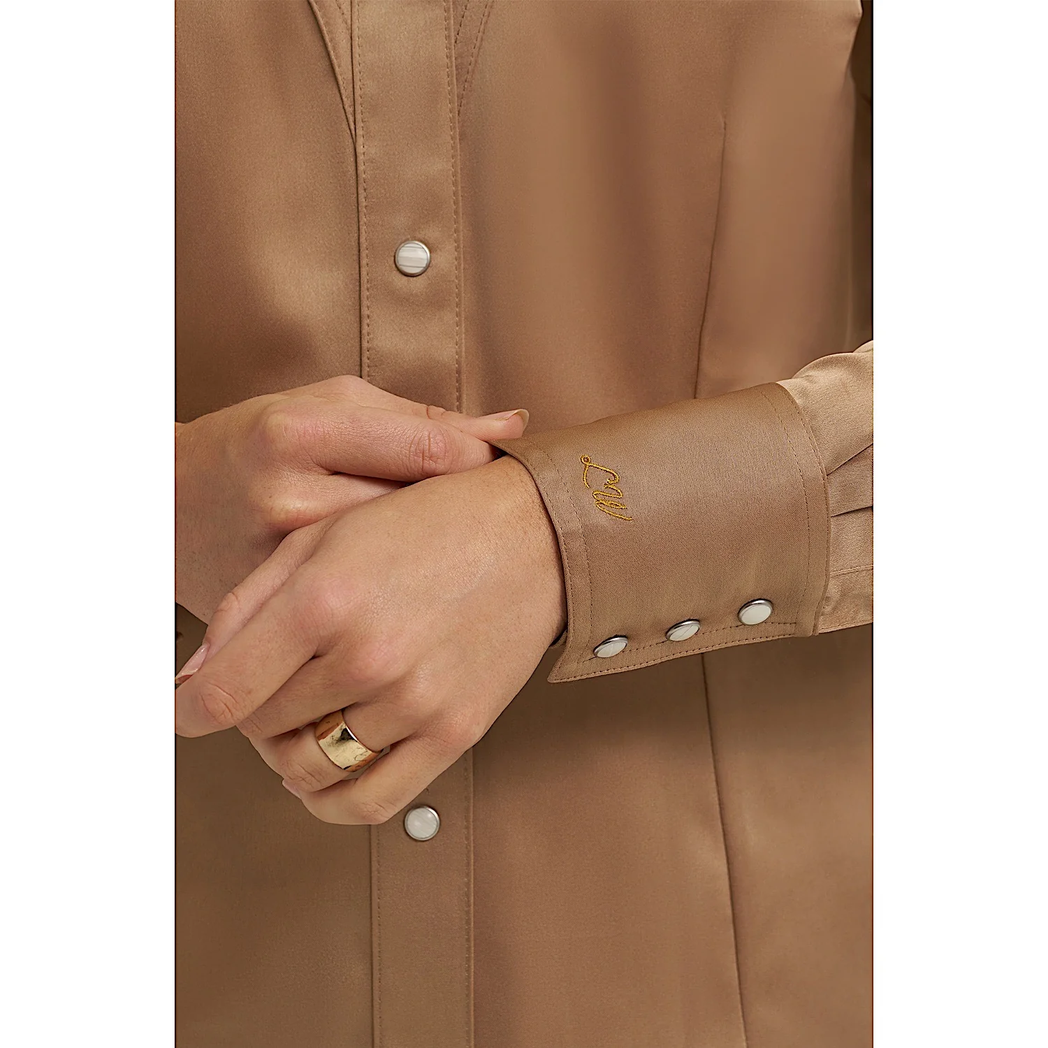 Wrangler X Lainey Wilson Womens Glam Satin Western Snap Shirt - Gold - Image 4