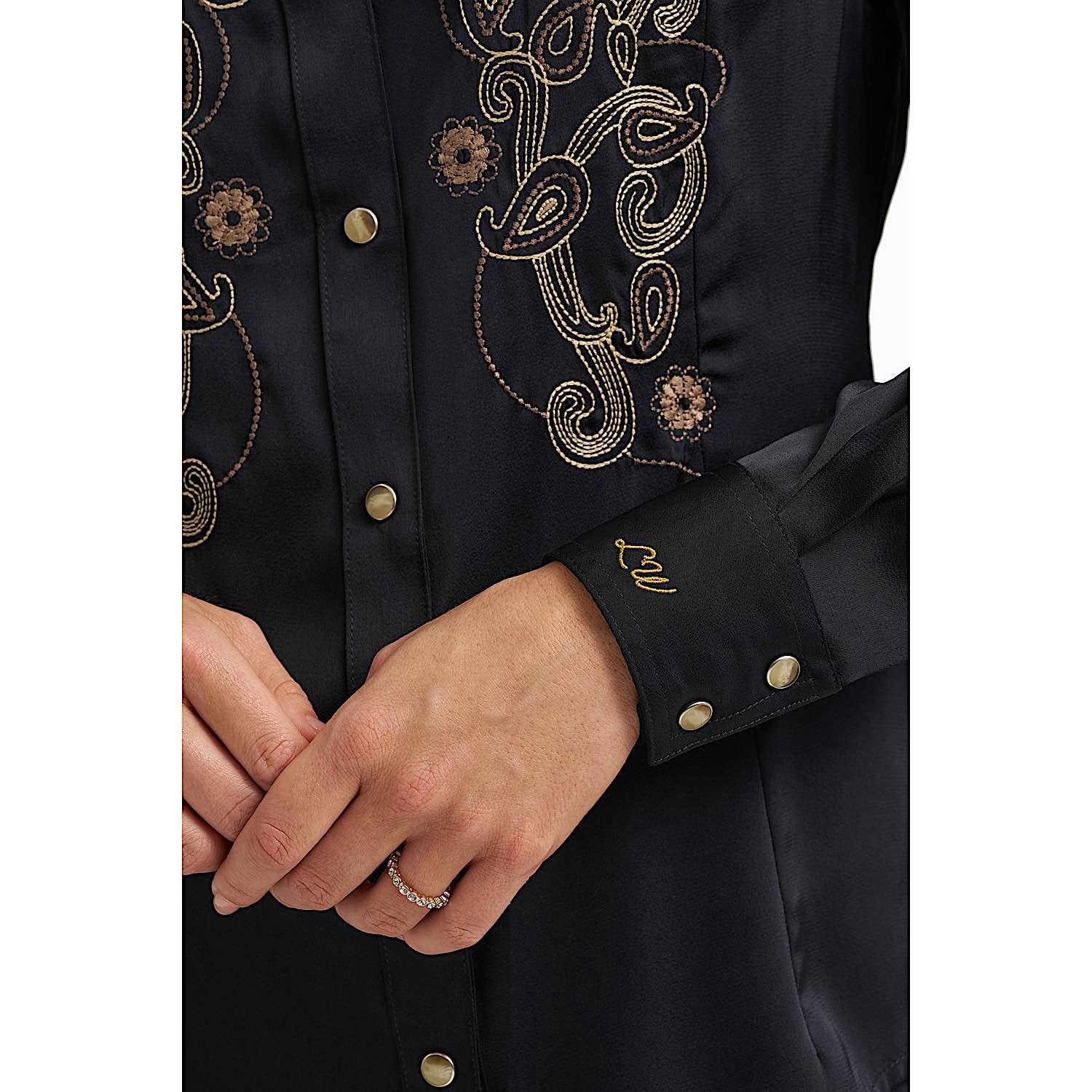 Wrangler X Lainey Wilson Womens Satin Embroidered Western Snap Shirt - Black - Image 4